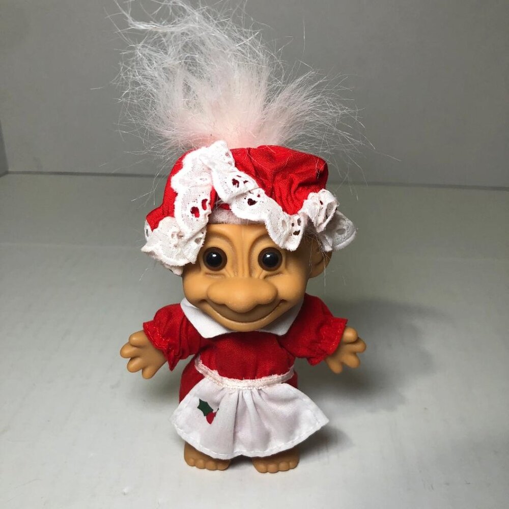 Vintage RUSS Troll Doll Mrs Santa Claus Doll Christmas Dress White Hair & Hat